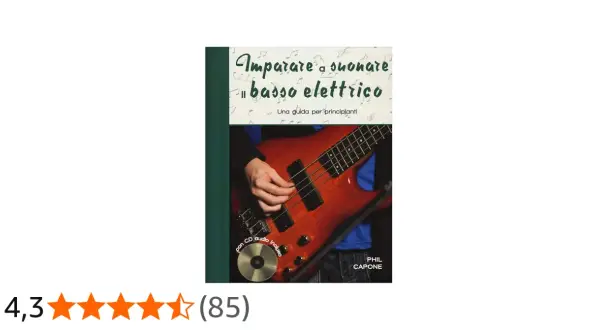 Copertina di un libro per imparare a suonare il basso elettrico, con un primo piano di mani su uno strumento e un CD audio incluso.