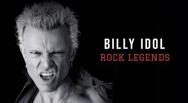 Billy Idol giovane, icona del rock, con espressione grintosa e capelli biondi spettinati.