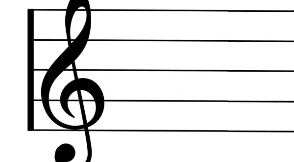 Chiave di violino nera su pentagramma bianco. La nota è posizionata sul pentagramma, pronta per la melodia.