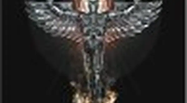 Un angelo metallico con ali spiegate, simbolo di vendetta, evoca l'energia di Judas Priest Angel of Retribution.
