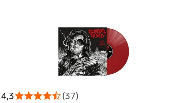 Vinile rosso di Municipal Waste, copertina con disegno di un uomo con benda sull'occhio e pistola, stile thrash metal.