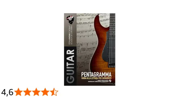 Copertina di "Pentagramma: Guida alla lettura per chitarristi" con chitarra e spartito musicale.