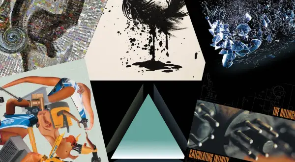 Collage di copertine di album, tra cui un polpo, una piuma nera, vetri infranti e un circuito elettronico con la scritta "The Dillinger Escape Plan".