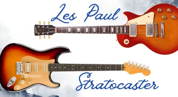 Due chitarre iconiche: una Gibson Les Paul rossa e arancione e una Fender Stratocaster sunburst.