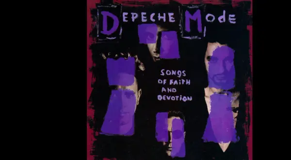 Copertina album Depeche Mode "Songs of Faith and Devotion". Volti oscurati da blocchi viola.