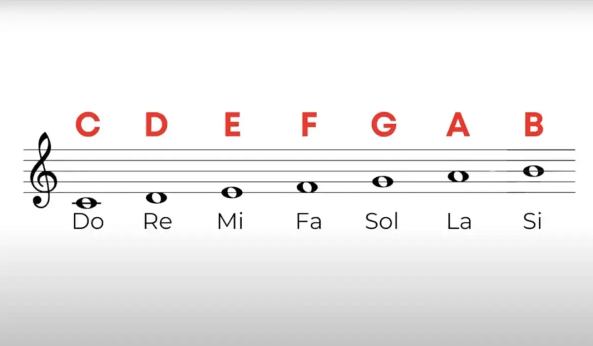 Rigo musicale con chiave di violino e note che rappresentano le note Do, Re, Mi, Fa, Sol, La, Si.