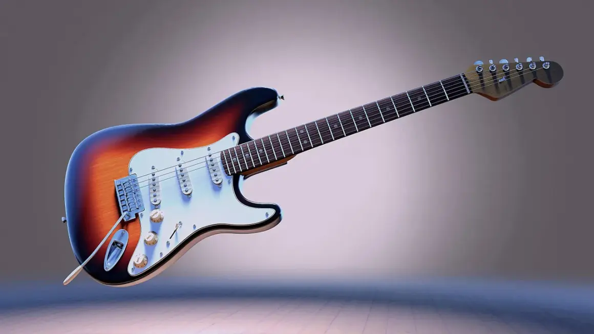 Chitarra elettrica sunburst con sei corde, pronta per suonare.