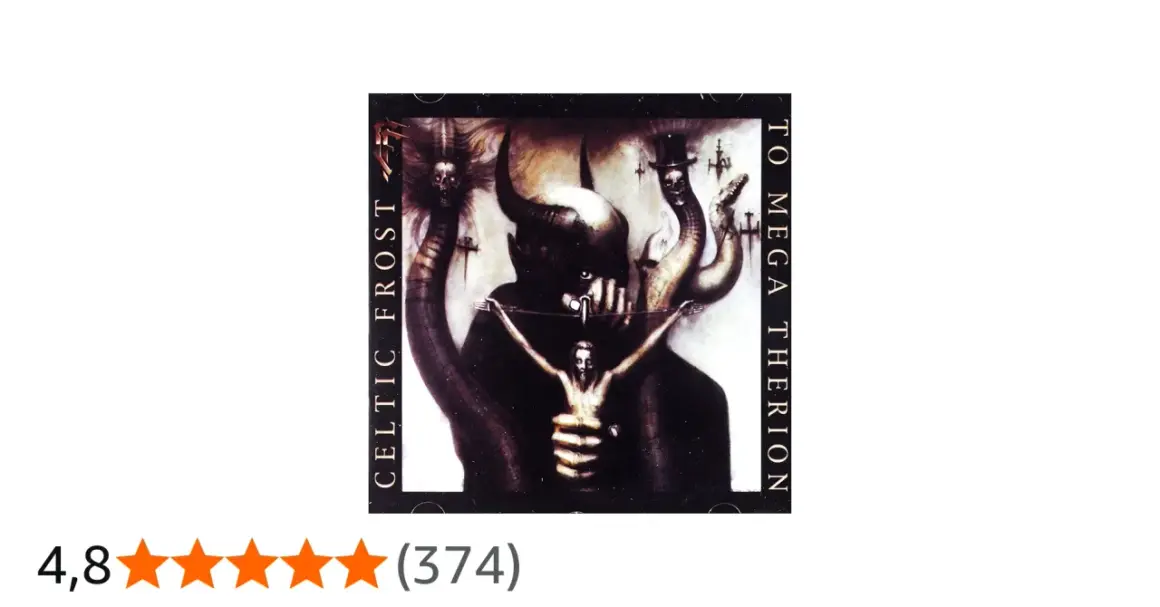 Copertina di "To Mega Therion" dei Celtic Frost: un demone con corna tiene un crocifisso con una figura umana.