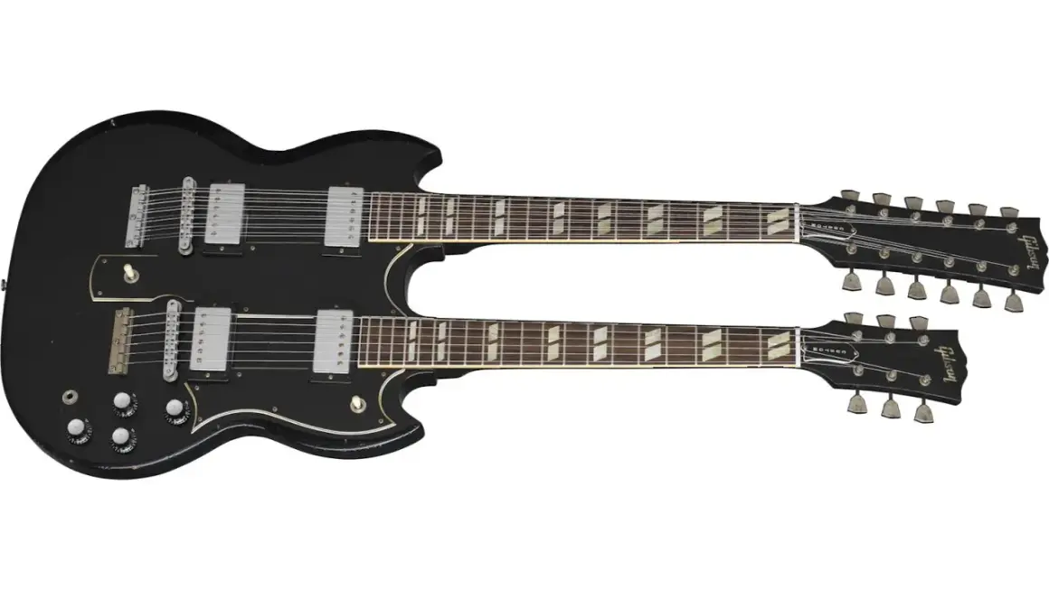 Chitarra doppio manico Gibson nera, una a 6 corde e una a 12 corde, con tastiera in palissandro e segnatasti trapezoidali.