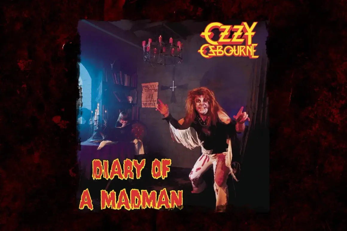 Ozzy Osbourne, con trucco da clown e capelli scompigliati, posa in una stanza buia. Il titolo "Diary of a Madman" è in primo piano.