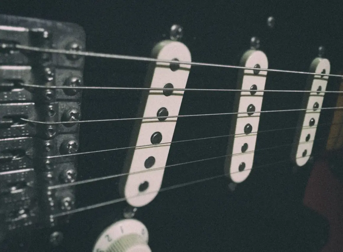 Dettaglio dei pickup di una Stratocaster, con le corde che passano sopra. L'altezza dei pickup è fondamentale per il suono.