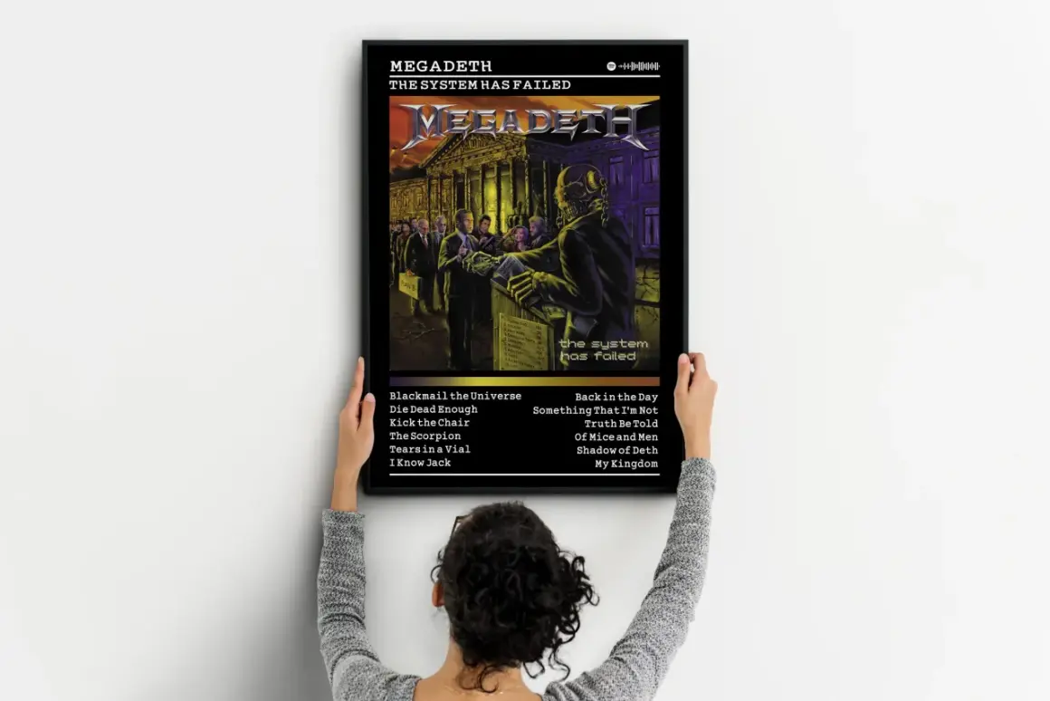 Poster dei Megadeth "The System Has Failed", con un'illustrazione distopica e la lista delle canzoni.