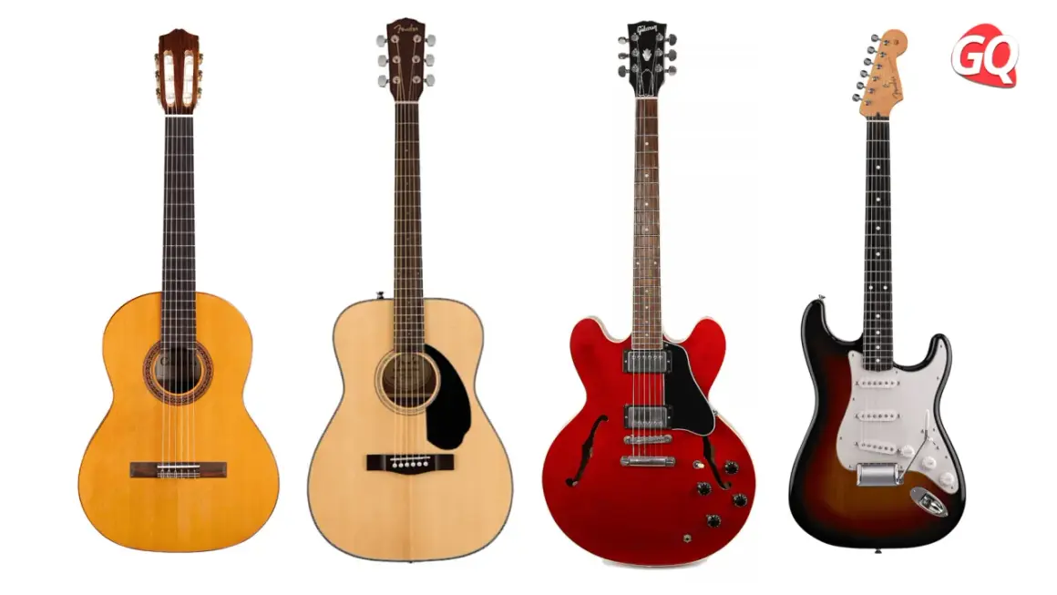 Vari tipi di chitarre acustiche e una elettrica: classica, dreadnought, semi-hollow e stratocaster.