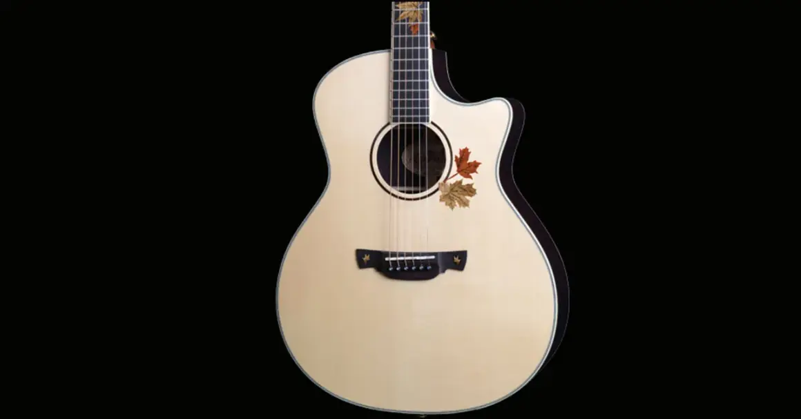 Chitarra acustica Crafter con decorazioni a foglie autunnali. Le opinioni su queste chitarre sono generalmente positive per qualità e suono.