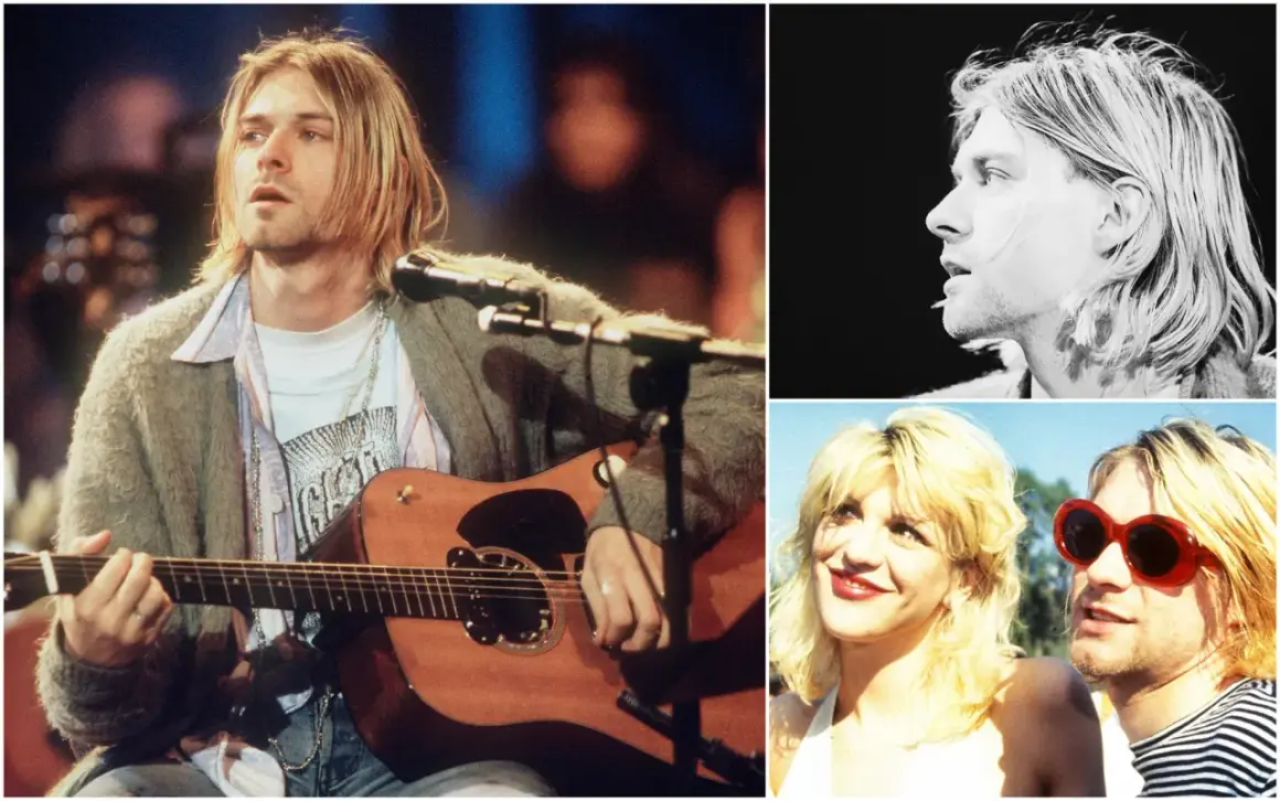 Kurt Cobain, chitarrista Nirvana, con la sua chitarra acustica. In un'altra immagine, il suo profilo in bianco e nero. Infine, con Courtney Love.