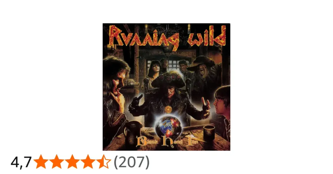 Copertina dell'album "Black Hand Inn" della band Running Wild, con un pirata al centro che tiene in mano un globo terrestre.