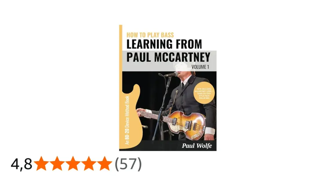 Copertina libro "Learning from Paul McCartney", con foto del musicista che suona il suo iconico paul mccartney bass.