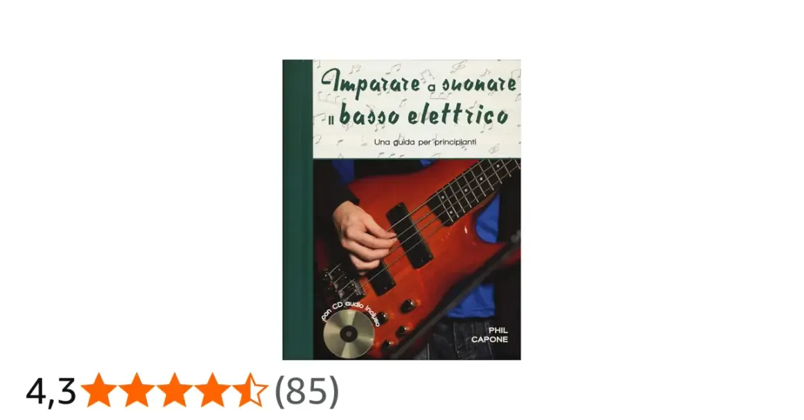 Copertina di un libro per imparare a suonare il basso elettrico, con un primo piano di mani su uno strumento e un CD audio incluso.