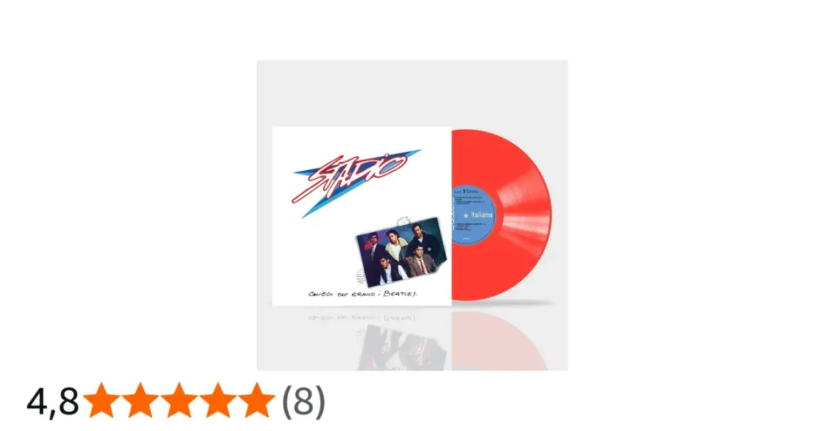 Copertina disco vinile rosso con foto gruppo e scritta "Chiedi chi erano i Beatles".