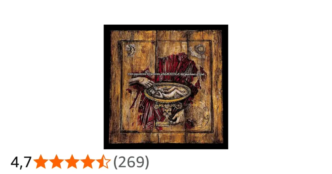 Copertina di "Machina/The Machines of God" dei The Smashing Pumpkins: un'opera d'arte inquietante con una figura umana in un piatto dorato.