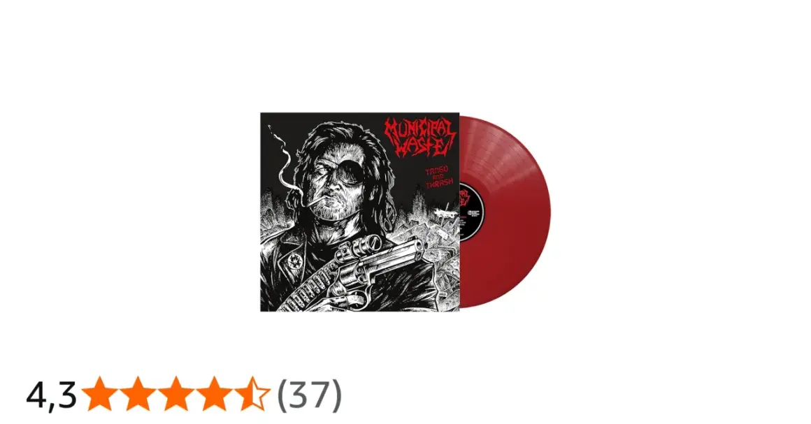 Vinile rosso di Municipal Waste, copertina con disegno di un uomo con benda sull'occhio e pistola, stile thrash metal.