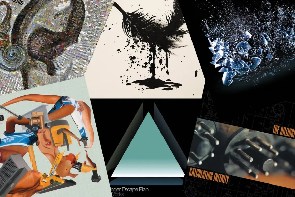Collage di copertine di album, tra cui un polpo, una piuma nera, vetri infranti e un circuito elettronico con la scritta "The Dillinger Escape Plan".