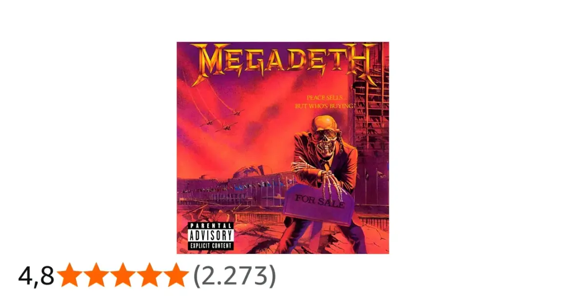 Copertina album Megadeth "Peace Sells... But Who's Buying?". Scheletro in giacca e cravatta con cartello "FOR SALE".
