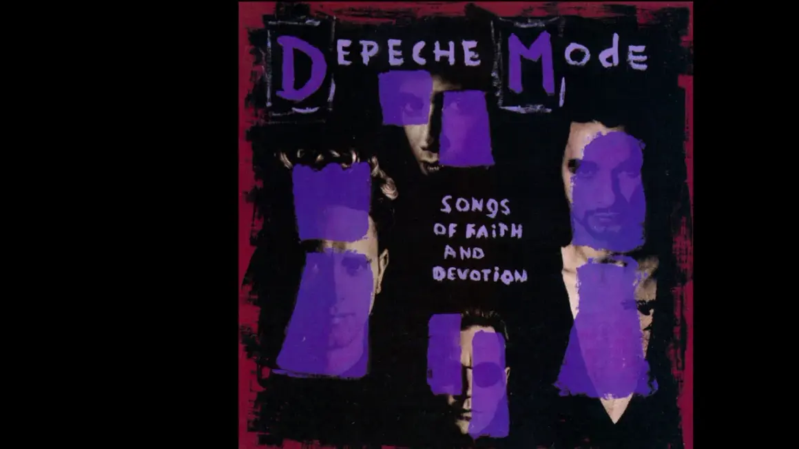 Copertina album Depeche Mode "Songs of Faith and Devotion". Volti oscurati da blocchi viola.