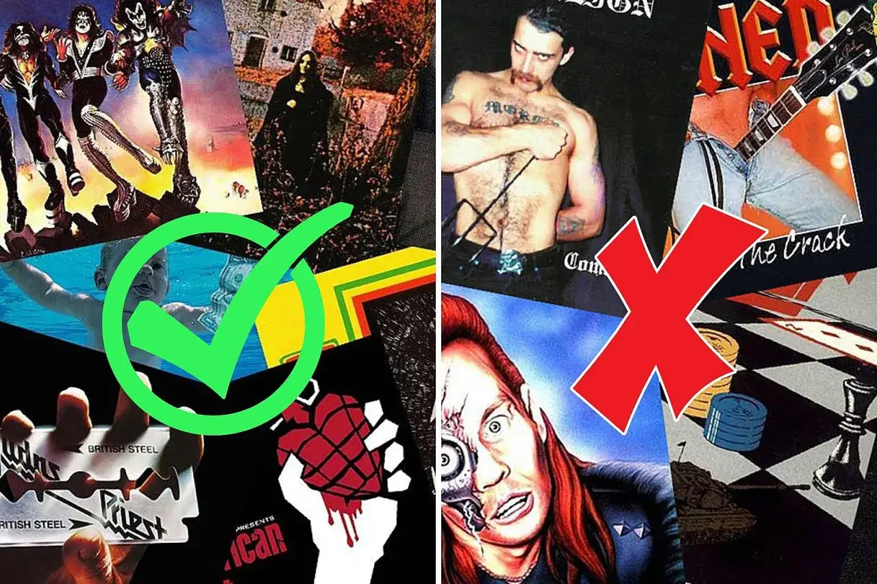 Album cover collage: Kiss, Black Sabbath, Nirvana, Judas Priest, Green Day (ok). Pantera, AC/DC, Marilyn Manson (no). Recensioni di plastic.