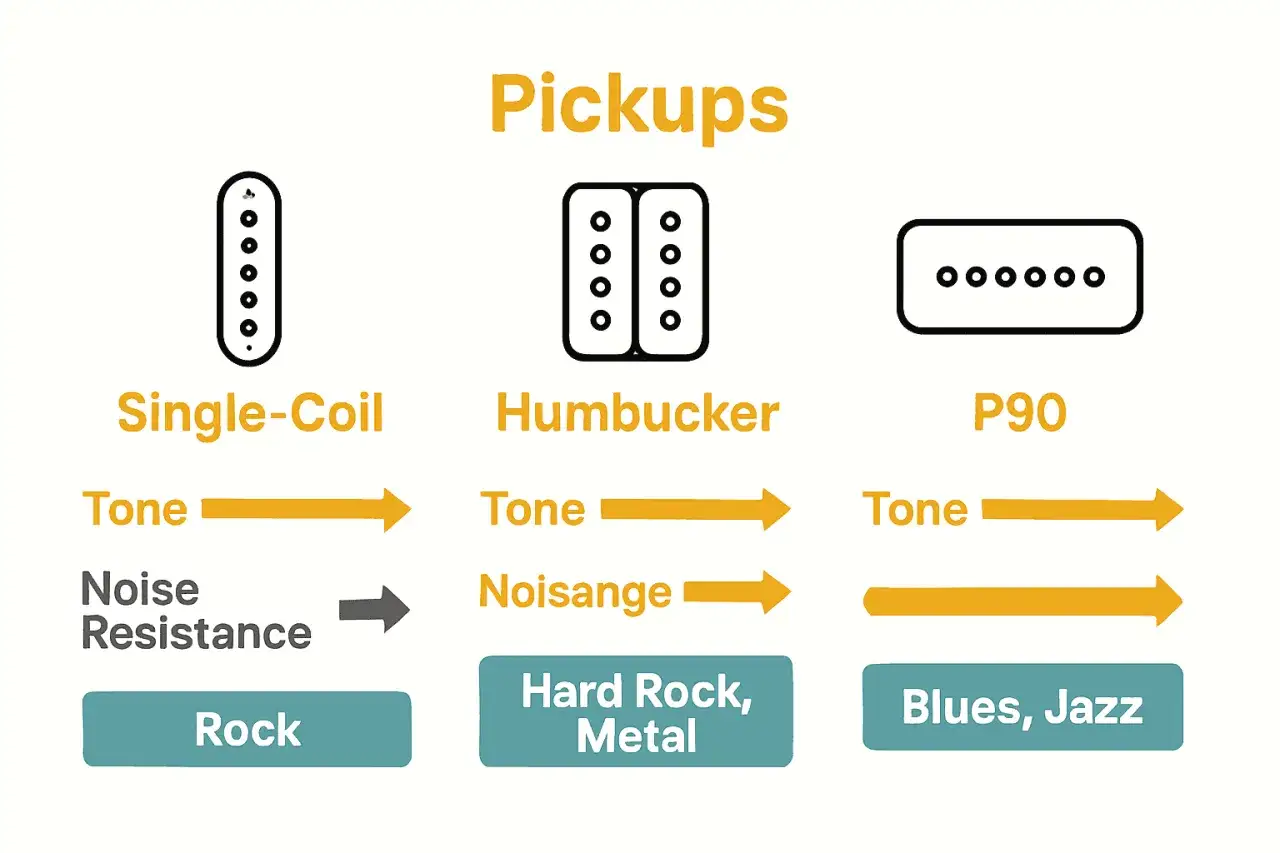 Confronto tra pickup per chitarra: Single-Coil, Humbucker e P90. Il humbucker offre più tono e meno rumore per hard rock e metal.