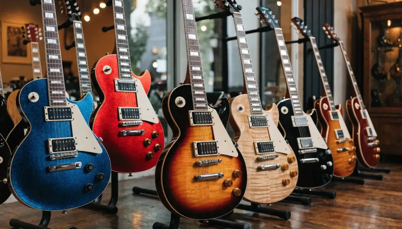 Una fila di chitarre Gibson modelli Les Paul, in varie finiture: blu scintillante, rosso, sunburst, acero naturale e nero.