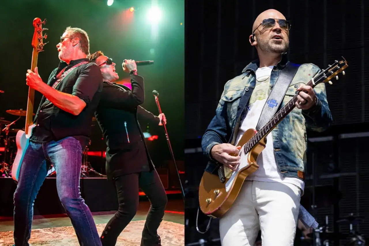 I membri dei Stone Temple Pilots sul palco: un bassista e un cantante in primo piano a sinistra, un chitarrista a destra.