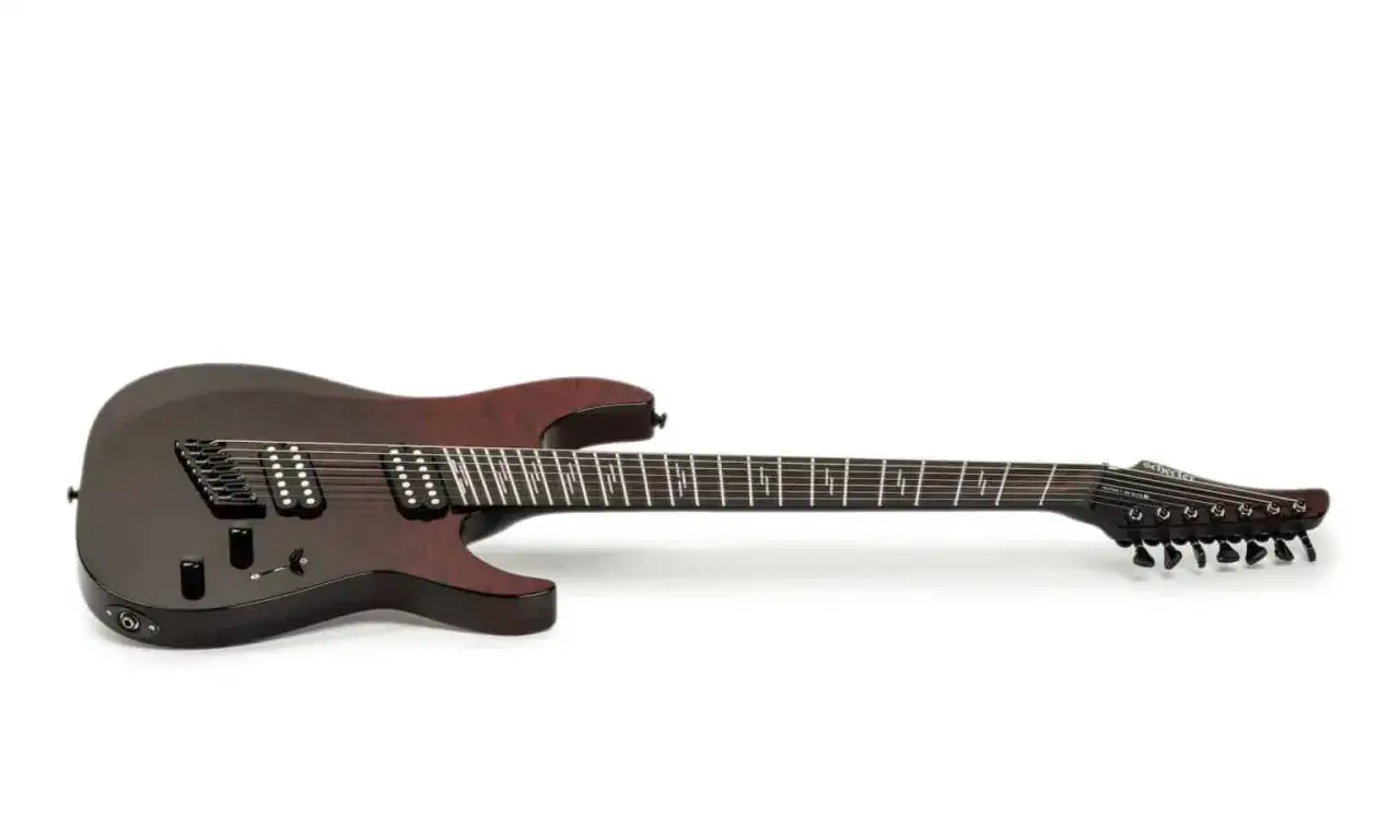 Chitarra elettrica scura con tasti sfalsati (fanned fret guitar), 8 corde, su sfondo bianco.