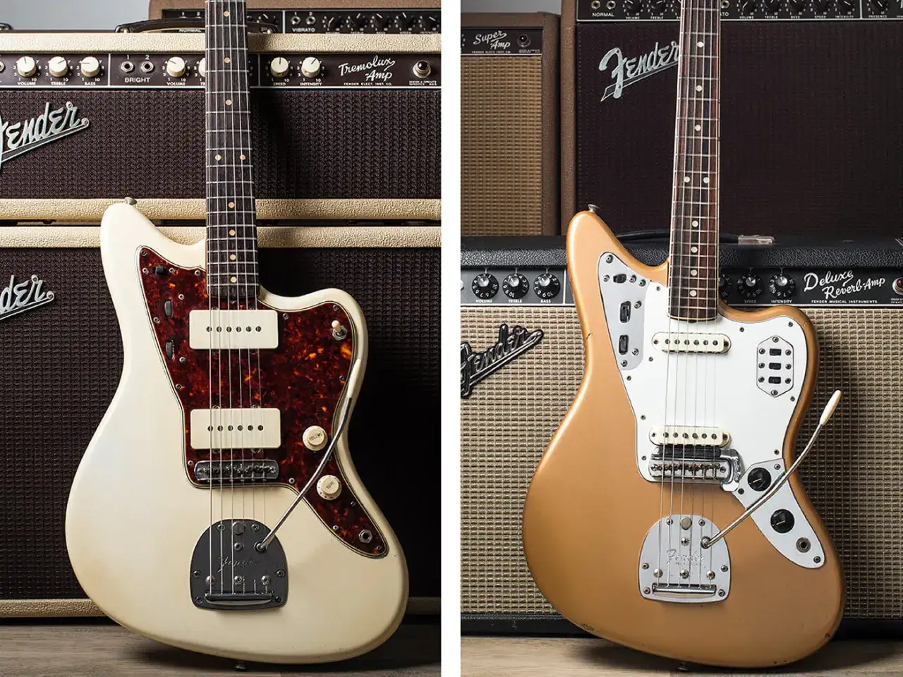 Bianco Jaguar vs. dorato Jazzmaster, due icone Fender pronte a suonare.