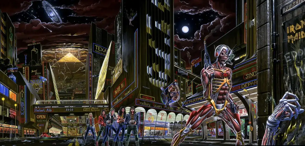 Un'inquietante metropoli futuristica, con un cielo tempestoso e un pianeta alieno, dove Eddie degli Iron Maiden si erge come un guardiano, un'istantanea da 