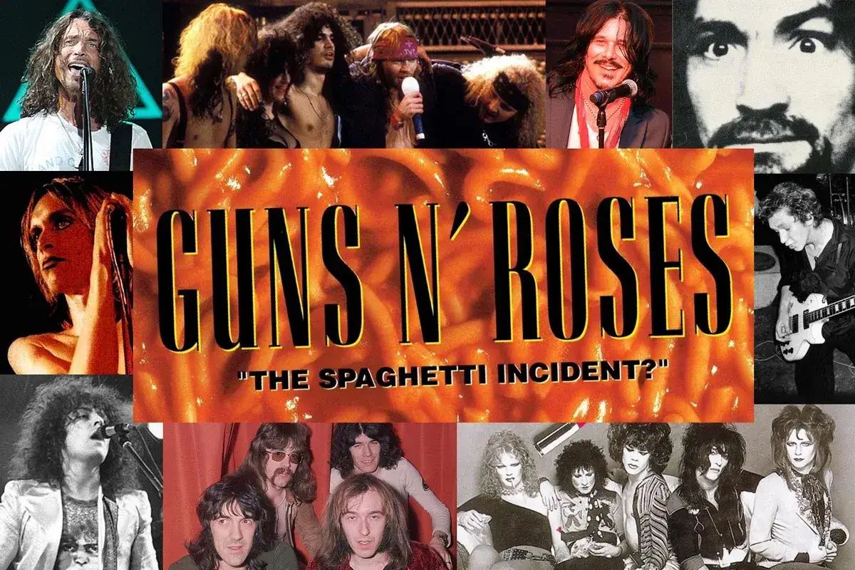 Collage di musicisti rock, con al centro il logo 