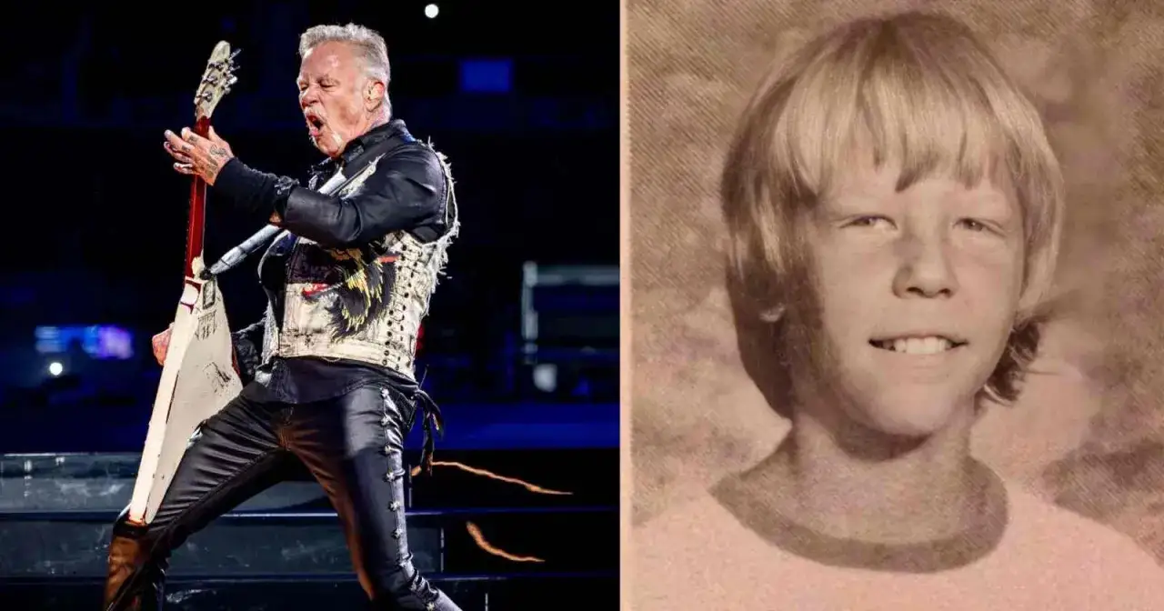 James Hetfield giovane, un'icona del metal, con la sua chitarra sul palco e un sorriso da bambino in una foto d'epoca.