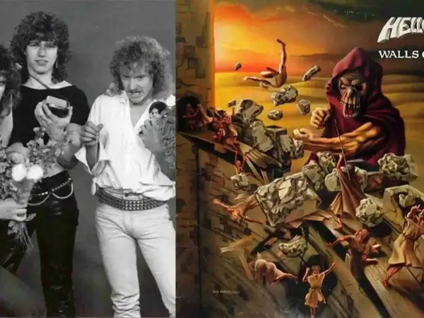 Due immagini affiancate: a sinistra, i membri degli Helloween con look anni '80; a destra, la copertina di "Walls of Jericho" con un demone che distrugge mura.