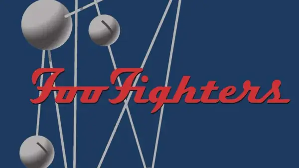 Logo rosso Foo Fighters su sfondo blu scuro, con sfere grigie e linee bianche che ricordano un atomo.