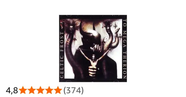 Copertina di "To Mega Therion" dei Celtic Frost: un demone con corna tiene un crocifisso con una figura umana.
