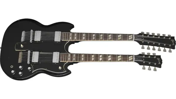 Chitarra doppio manico Gibson nera, una a 6 corde e una a 12 corde, con tastiera in palissandro e segnatasti trapezoidali.