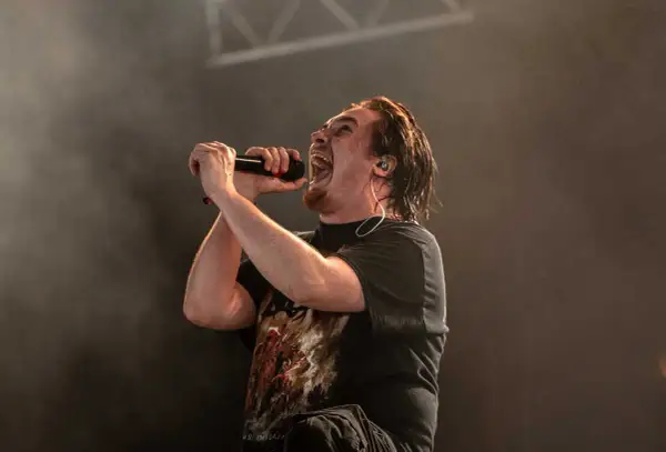 Cantante con microfono, la sua espressione è intensa, quasi un'ombra di intento.