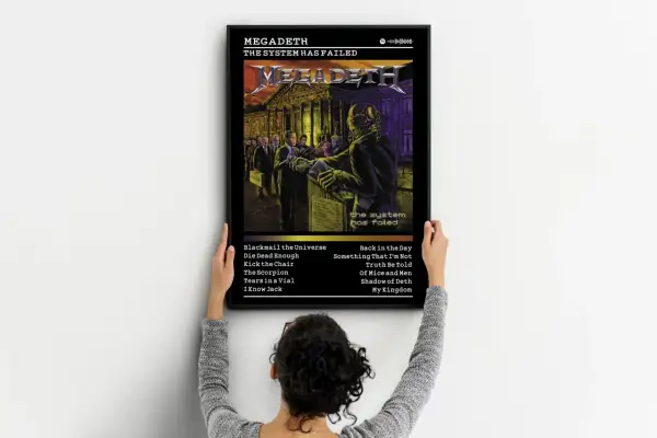 Poster dei Megadeth "The System Has Failed", con un'illustrazione distopica e la lista delle canzoni.