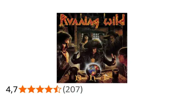 Copertina dell'album "Black Hand Inn" della band Running Wild, con un pirata al centro che tiene in mano un globo terrestre.