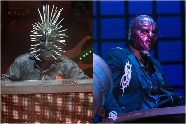 Craig Jones degli Slipknot con maschera a spuntoni e poi con maschera viola.