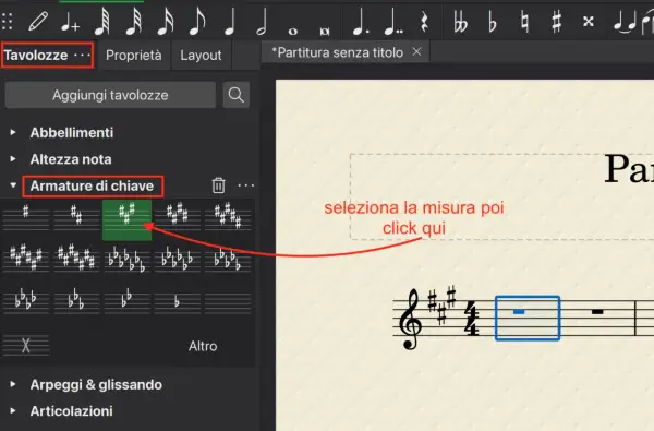 Interfaccia per selezionare l'insieme di diesis o bemolle a inizio pentagramma. L'opzione "Armature di chiave" è evidenziata.