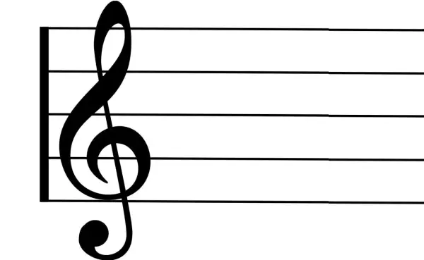 Chiave di violino nera su pentagramma bianco. La nota è posizionata sul pentagramma, pronta per la melodia.