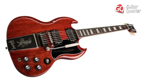 Chitarra Gibson SG rossa, un classico tra i modelli Gibson, con finitura lucida e dettagli neri.