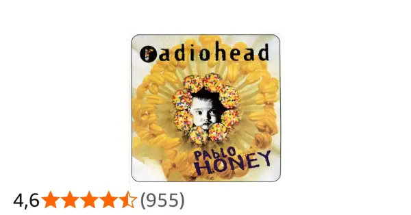 Copertina di "Pablo Honey" dei Radiohead, con un bambino al centro di un fiore giallo, circondato da palline colorate.