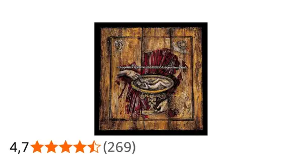 Copertina di "Machina/The Machines of God" dei The Smashing Pumpkins: un'opera d'arte inquietante con una figura umana in un piatto dorato.